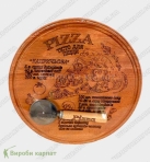 A pizza board with a knife